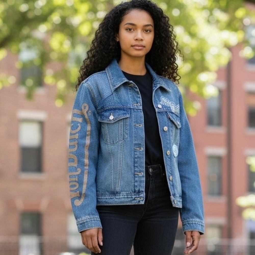 Von Dutch Originals Women's Denim Jacket Size L Blue Graphic Flying Eyeball NWT